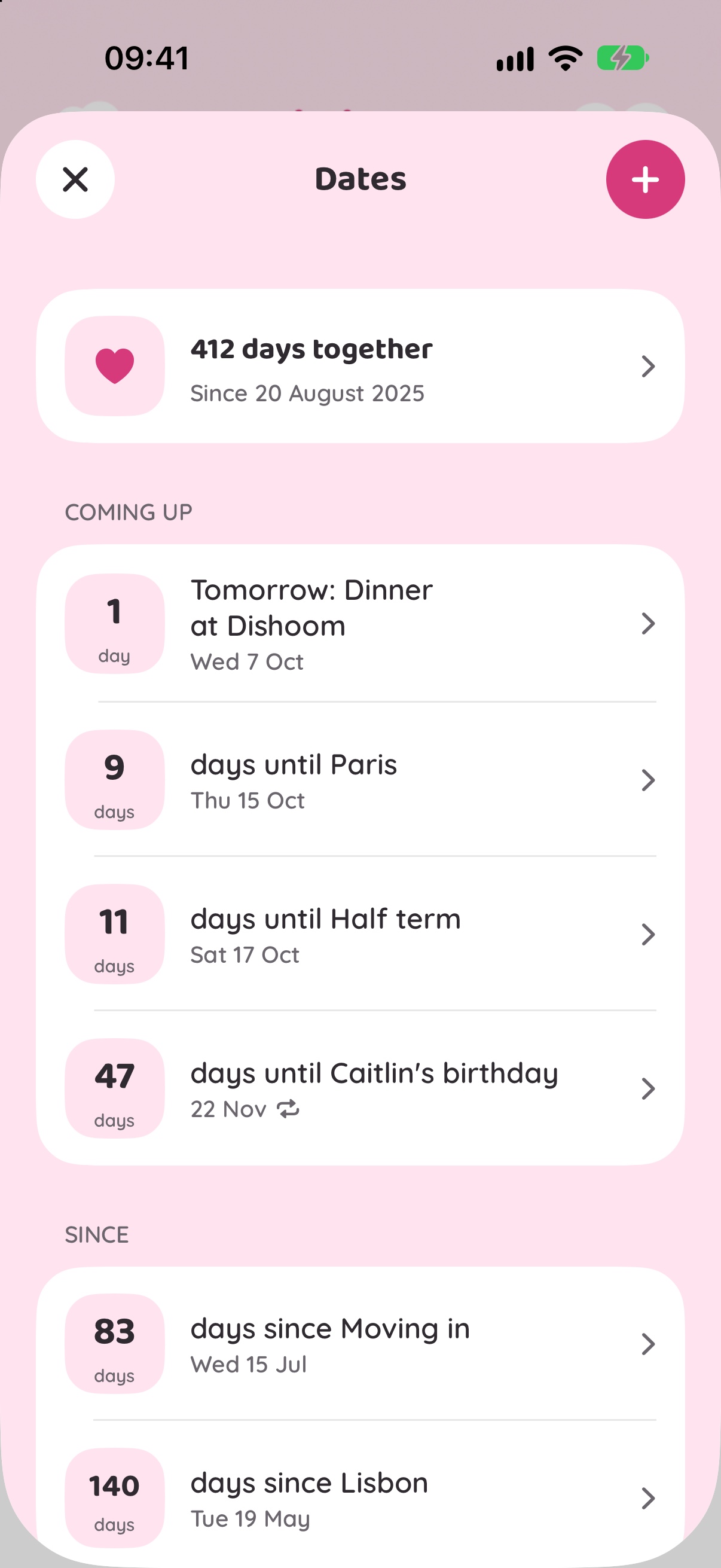 The Dates screen: 412 days together, then Dinner at Dishoom tomorrow, 9 days until Paris and 47 days until Caitlin's birthday